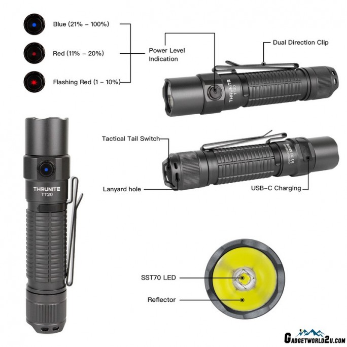 ThruNite TT20 Metal Grey Luminus SST70 CW LED 2526L Rechargeable Flashlight 