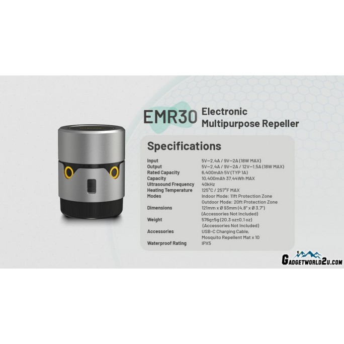 Nitecore EMR30 Rechargeable Mosquito Repeller PD + QC 3.0 USB 10,400mAh Power Bank