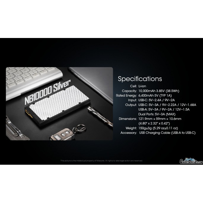Nitecore NB10000 Gen II Silver Quick-Charge USB/USB-C Dual Port 10000mAh Power Bank