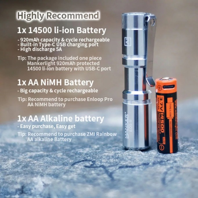 Manker E05 II NW SILVER Neutral White LED 800L Rechargeable EDC Flashlight