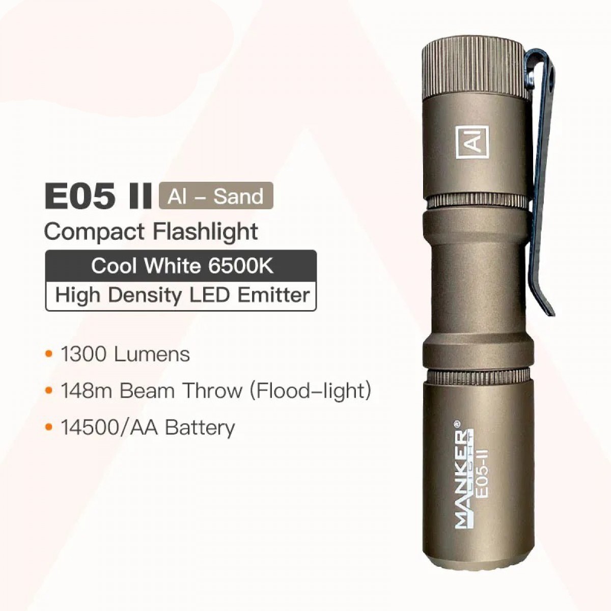 Manker E05 II CW SAND Cool White LED 1300L Rechargeable EDC Flashlight