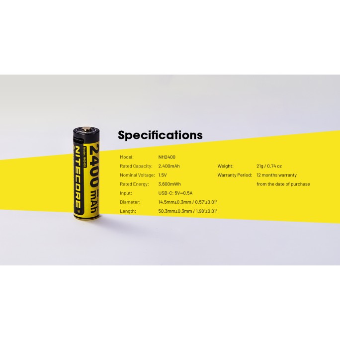 Nitecore NH2400 2400mAh USB-C Rechargeable 1.5V Li-ion AA Battery (4pc Pack) for AA-Powered Flashlights