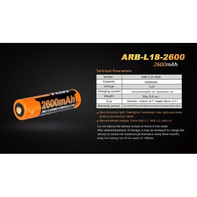 Fenix 18650 3.6V 2600mAh Li-ion Protected Rechargeable Battery (ARB-L18-2600)