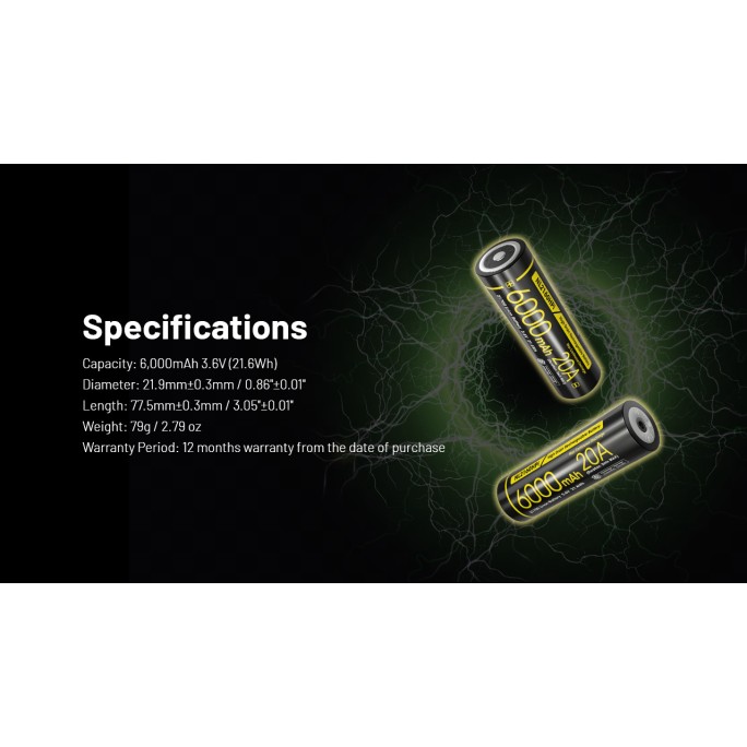 Nitecore Custom 21700 6000mAh 20A 3.6V Rechargeable Li-ion Battery NL2160HPi