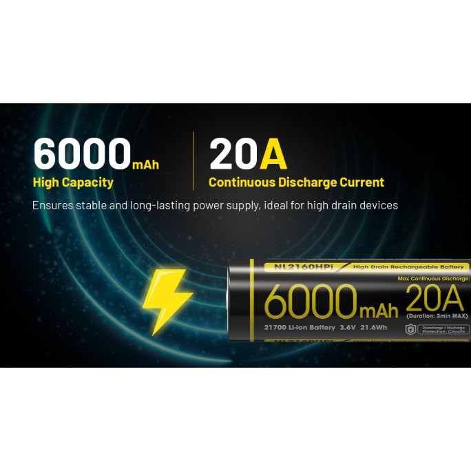 Nitecore Custom 21700 6000mAh 20A 3.6V Rechargeable Li-ion Battery NL2160HPi