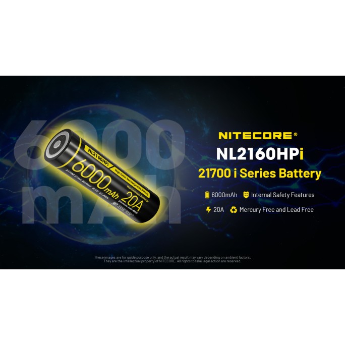 Nitecore Custom 21700 6000mAh 20A 3.6V Rechargeable Li-ion Battery NL2160HPi