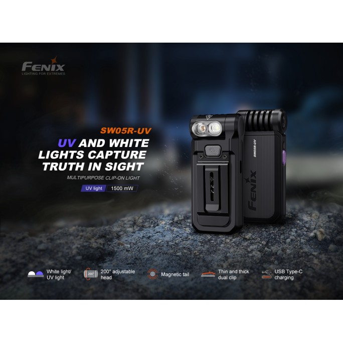 Fenix SW05R-UV Clip On Rechargeable Flashlight with UV Light (Black)