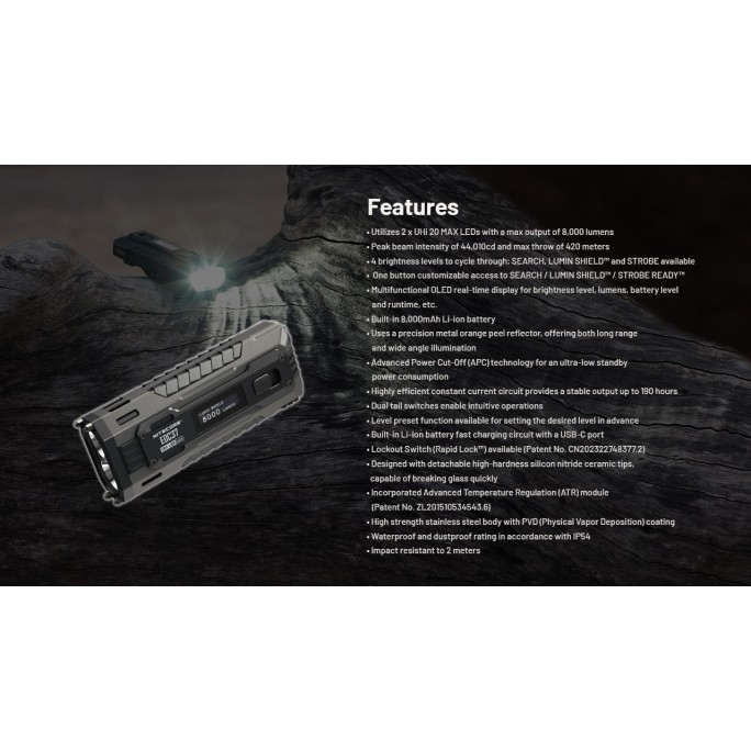 Nitecore EDC37 NiteLab UHi 20 MAX LED 8000 Lumens High Performance EDC USB Rechargeable Flashlight